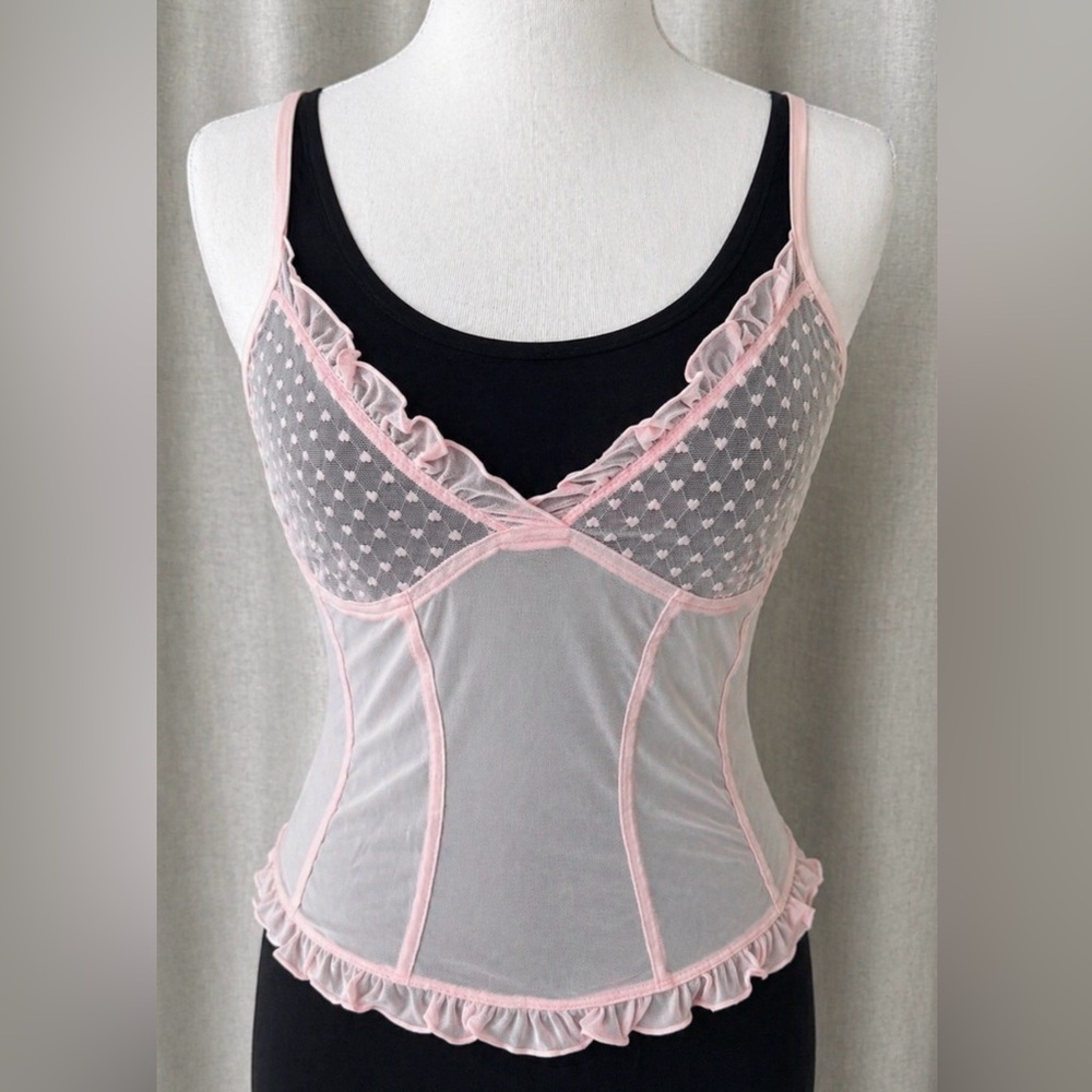 Vintage Sheer Pink Mesh Corset Cami Y2K Lace Bustier Top Romantic